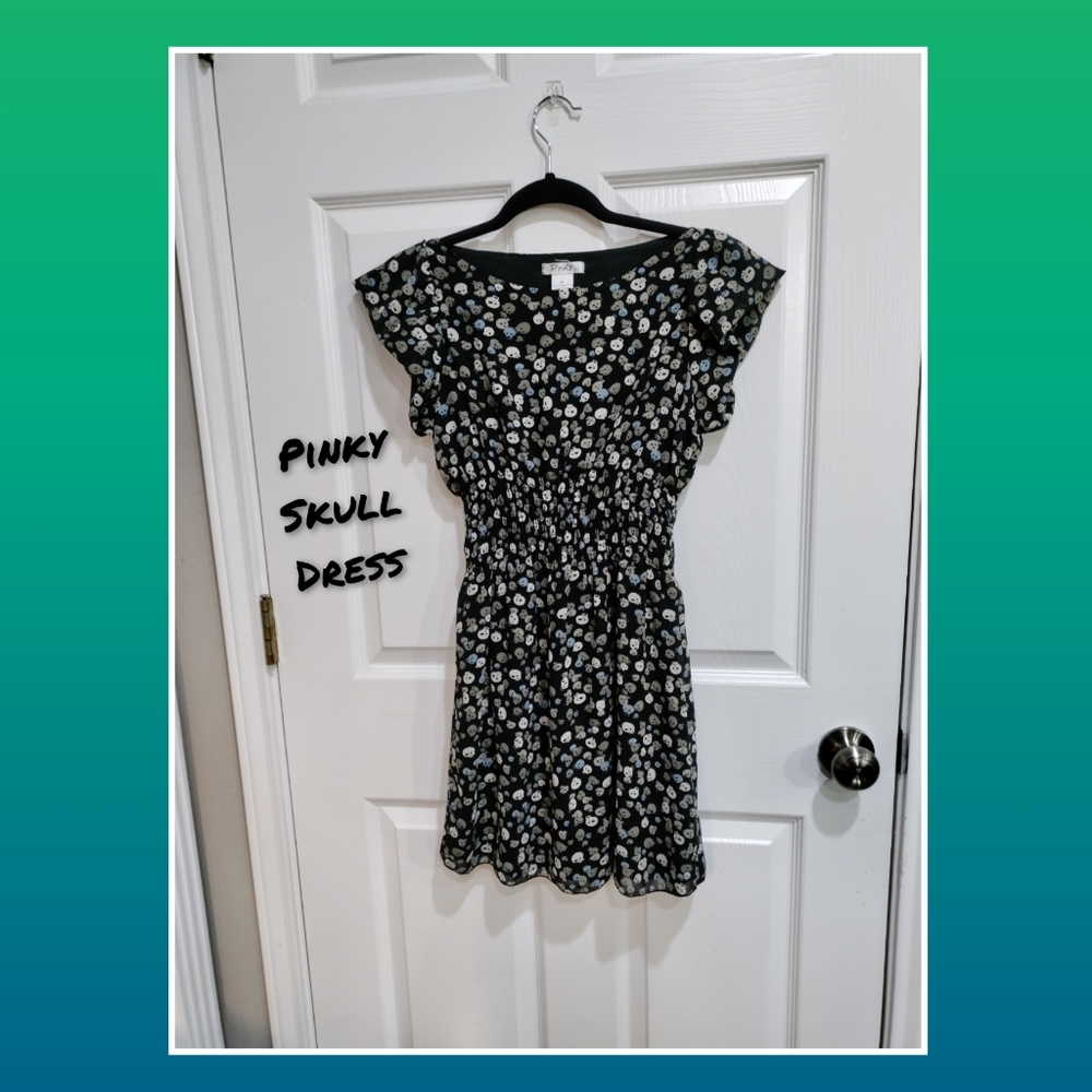 Blue Dress With Skulls All Over Print Dress Smocked Waist Women's Size Medium